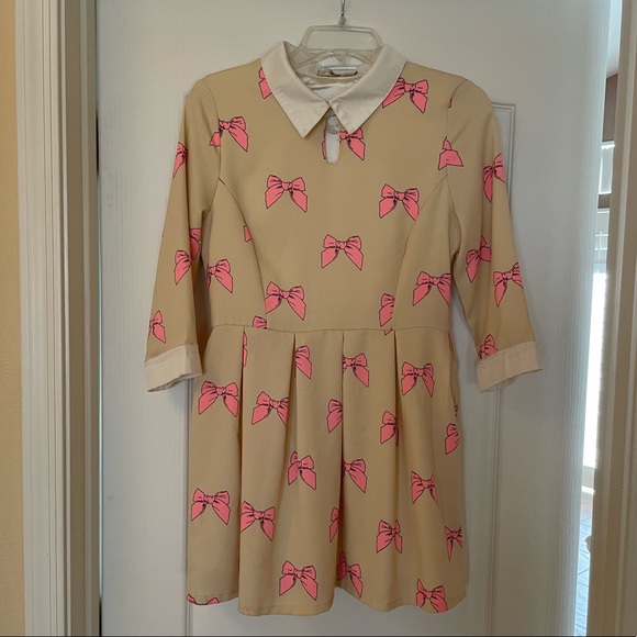 Power Sweet Bow Print Collar Pink Tan Bow Dress - Picture 2 of 15